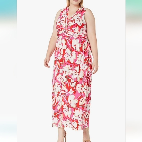 Vince Camuto Stretch Jersey Pink Red White Floral Sleeveless V Neck Maxi Dress - Picture 1 of 16